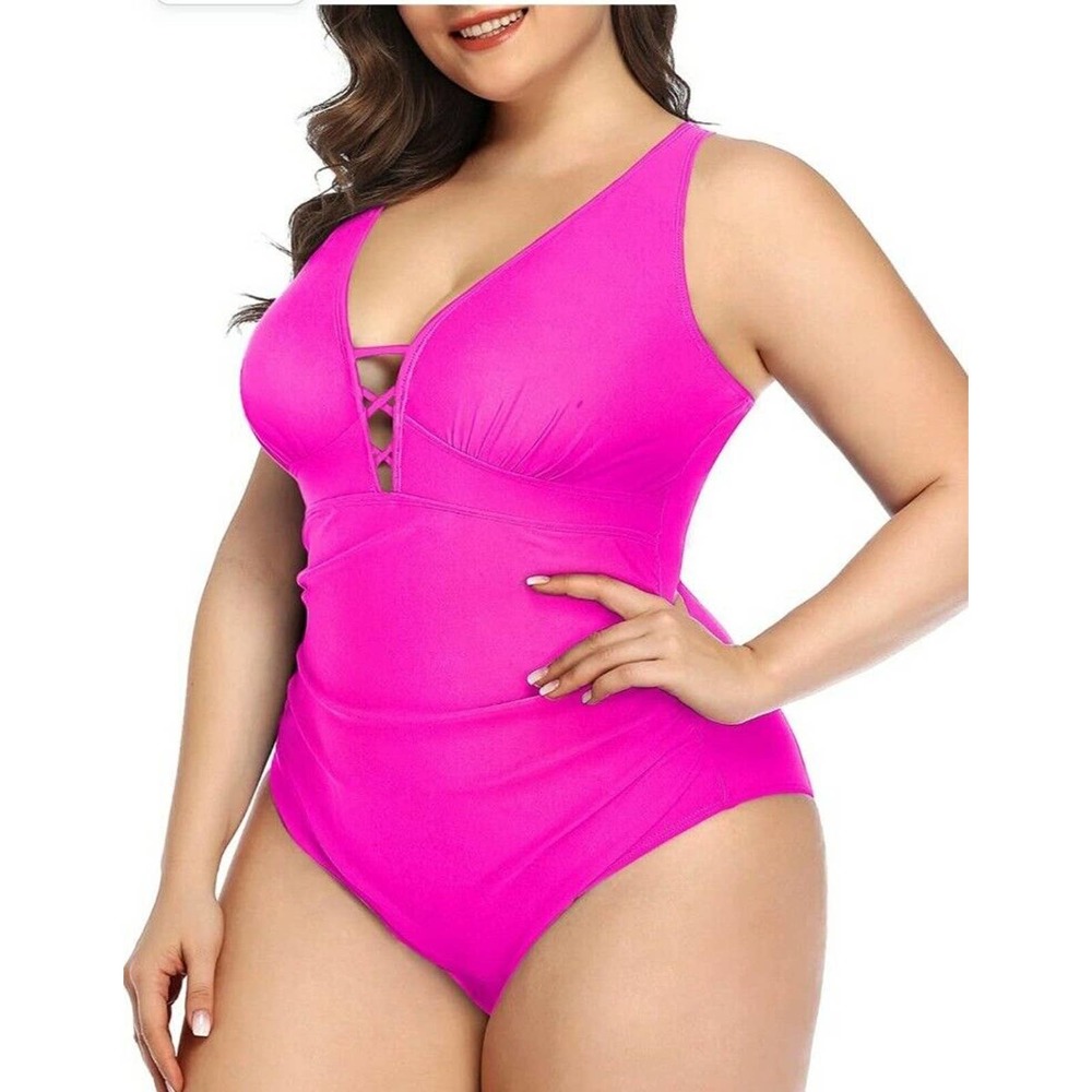 Yonique NEW Women Swimsuit Size 18 Pink Tummy Control Criss Cross V-Neck. - Picture 4 of 7